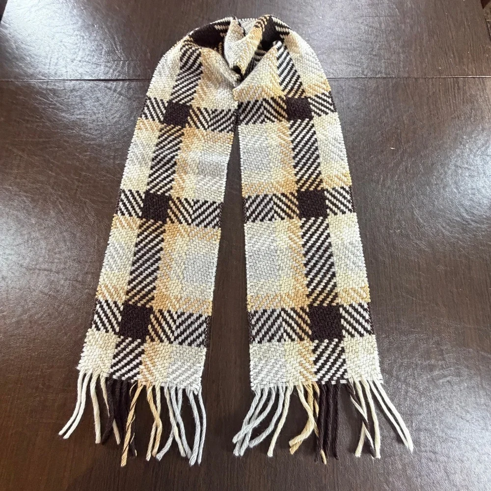 Kimberly Lambs Wool Blend Checkered Scarf - Tan, Brown, Cream Made in Italy